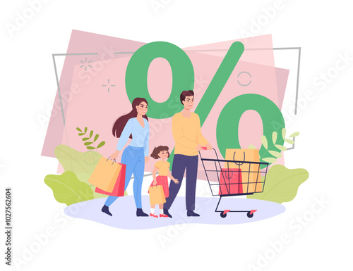 Family with shopping bags flat vector illustration. Couple with daughter purchasing on sale. Percent mark on background. Sale, shopping, commerce, special offer concept for poster or banner design
