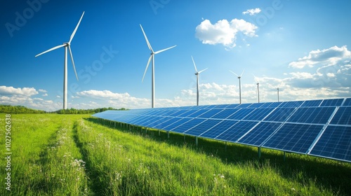 A vibrant landscape showcasing solar panels and wind turbines against a clear blue sky, emphasizing the blend of renewable energy sources.