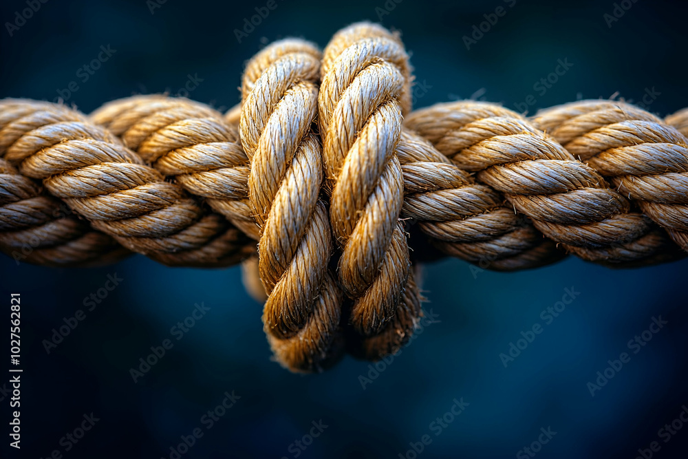A rope is tied in a knot. The rope is brown and white A rope is tied in a knot. The rope is brown and white