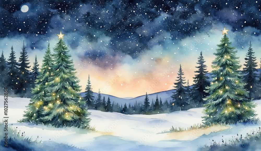 This charming Christmas-themed illustration showcases a snow-covered forest with pine trees decorated with glowing lights. Presents are scattered across the snowy ground, creating a cozy and festive