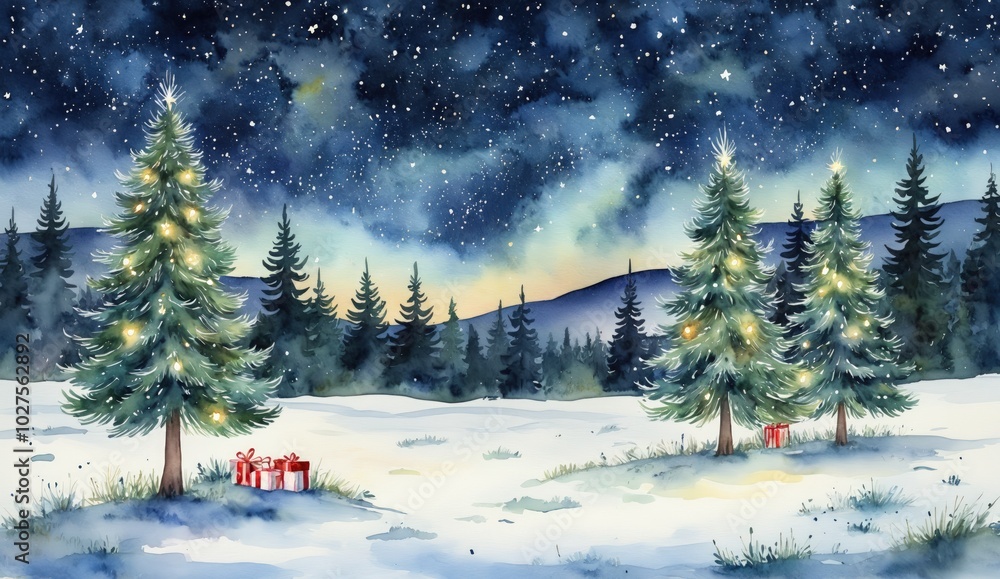 Fototapeta premium This charming Christmas-themed illustration showcases a snow-covered forest with pine trees decorated with glowing lights. Presents are scattered across the snowy ground, creating a cozy and festive