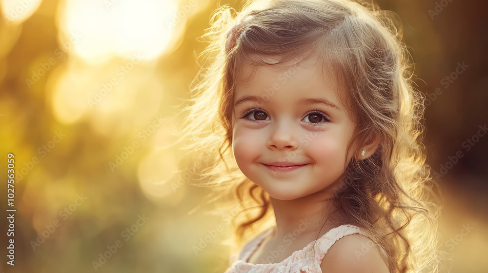 A close-up portrait of a cute little girl with big brown eyes, smiling warmly, her hair styled in soft curls, wearing a pastel-colored dress in a sunlit outdoor setting A close-up portrait of a cute little girl with big brown eyes, smiling warmly, her hair styled in soft curls, wearing a pastel-colored dress in a sunlit outdoor setting