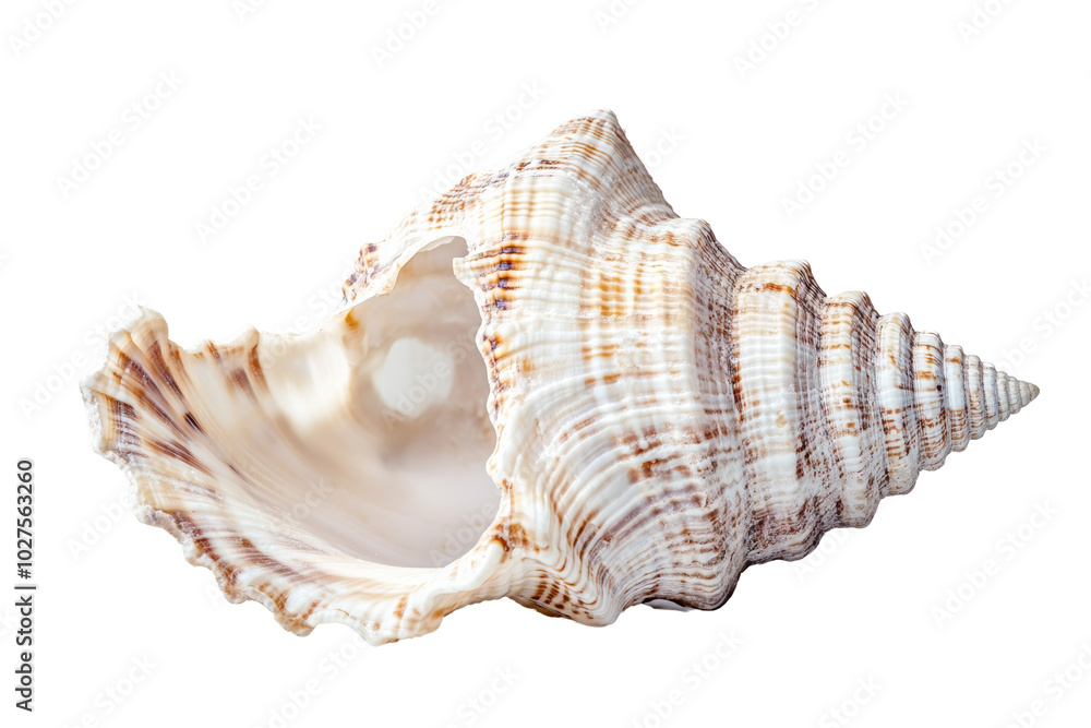 A beautiful conch shell displayed against a white isolated background, showcasing natural patterns and colors. A beautiful conch shell displayed against a white isolated background, showcasing natural patterns and colors.