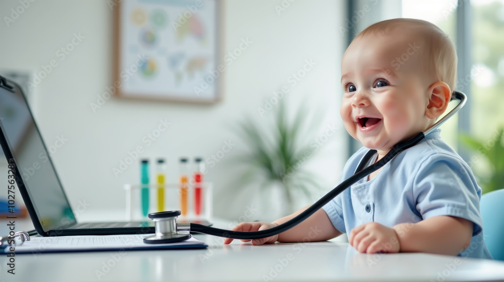 Naklejka premium Adorable baby sitting at a desk with a stethoscope around their neck, smiling joyfully. Smiling Baby Playing with Stethoscope. Future Doctor Concept