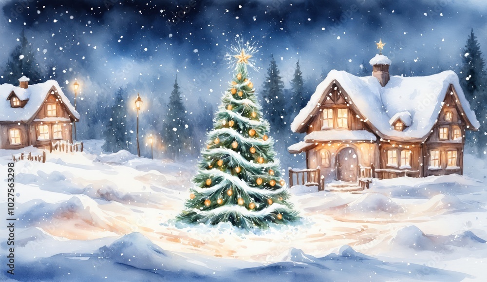 A snow-covered log cabin nestled in a serene winter landscape, glowing with festive lights. The tranquil scene under the starry night sky evokes feelings of warmth and celebration Christmas A snow-covered log cabin nestled in a serene winter landscape, glowing with festive lights. The tranquil scene under the starry night sky evokes feelings of warmth and celebration Christmas