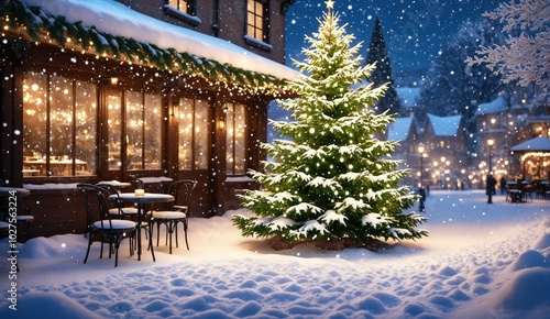 Wallpaper Mural A charming wooden house with snow-covered rooftops and trees illuminated by festive lights, creating a warm and inviting holiday atmosphere. Ideal for seasonal designs, holiday cards Torontodigital.ca