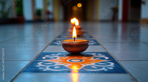 A row of lit candles on a patterned tiled floor.