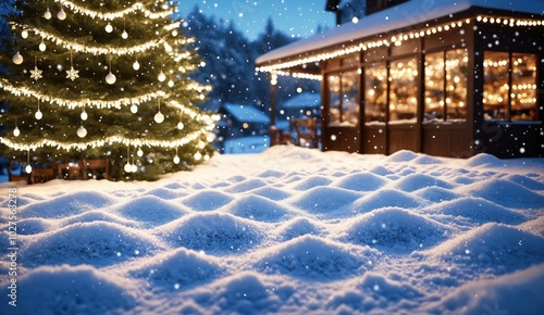 Wallpaper Mural A charming wooden house with snow-covered rooftops and trees illuminated by festive lights, creating a warm and inviting holiday atmosphere. Ideal for seasonal designs, holiday cards Torontodigital.ca