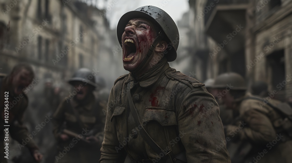 Soldier Shouting in Intense Battle with Blood and Injury Soldier Shouting in Intense Battle with Blood and Injury