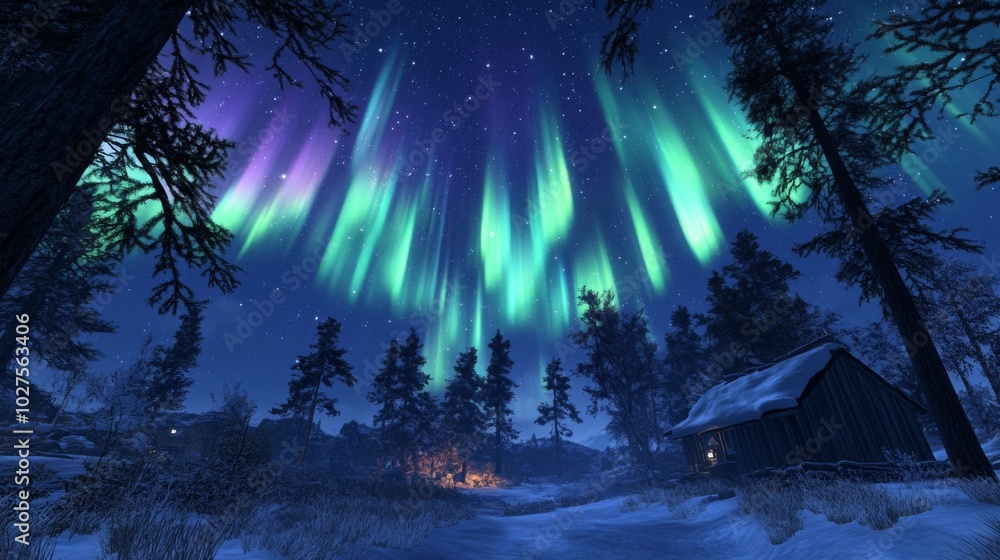 Obraz premium Mesmerizing Northern Lights Over Snowy Landscape