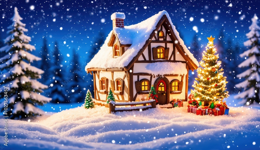 A charming Christmas scene showcasing a snow-covered house with warm lights and a brightly decorated tree. Snowflakes fall gently, creating a magical and peaceful holiday mood, perfect for Christmas A charming Christmas scene showcasing a snow-covered house with warm lights and a brightly decorated tree. Snowflakes fall gently, creating a magical and peaceful holiday mood, perfect for Christmas