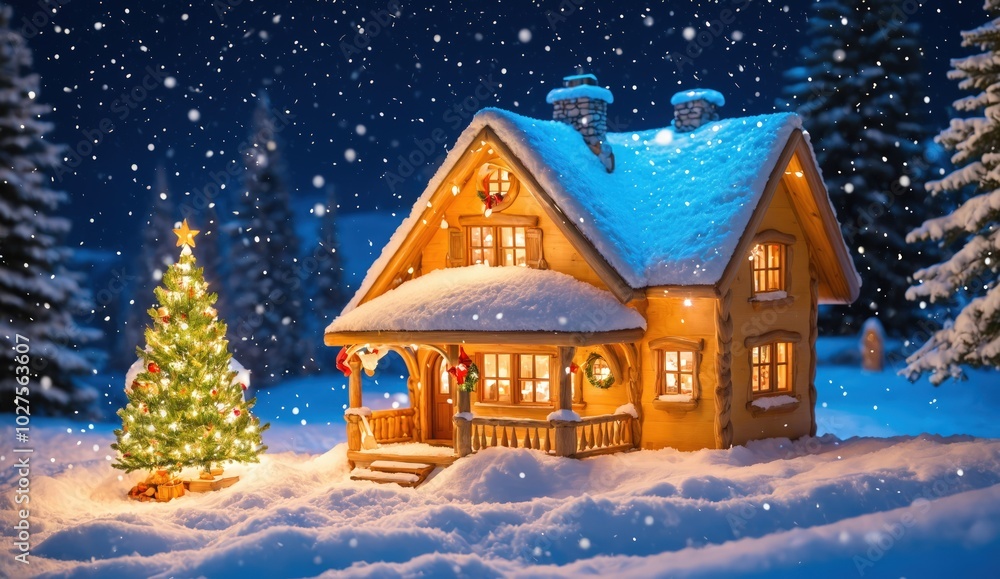 A charming Christmas scene showcasing a snow-covered house with warm lights and a brightly decorated tree. Snowflakes fall gently, creating a magical and peaceful holiday mood, perfect for Christmas A charming Christmas scene showcasing a snow-covered house with warm lights and a brightly decorated tree. Snowflakes fall gently, creating a magical and peaceful holiday mood, perfect for Christmas
