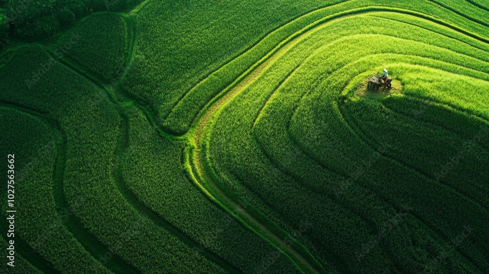 Naklejka premium Aerial view of lush green terraced fields creating a vibrant pattern, highlighting the beauty of agricultural landscapes.