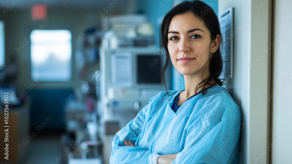 A doctor leaning against a wall in a clinic, dressed in a gown, looking calm and approachable, with medical charts and equipment in the background A doctor leaning against a wall in a clinic, dressed in a gown, looking calm and approachable, with medical charts and equipment in the background