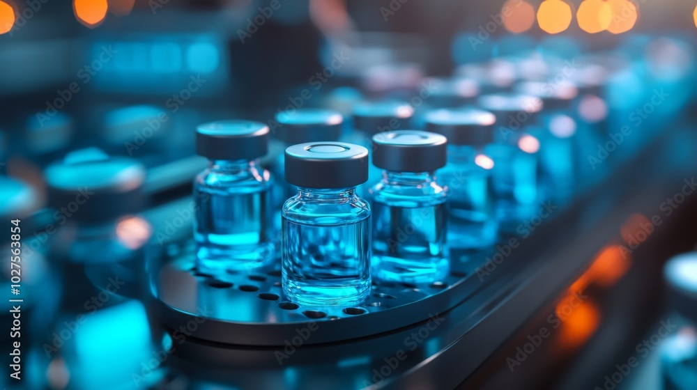 A close-up of glass vials filled with a blue liquid, illuminated in a laboratory setting, suggesting pharmaceutical or research applications. A close-up of glass vials filled with a blue liquid, illuminated in a laboratory setting, suggesting pharmaceutical or research applications.