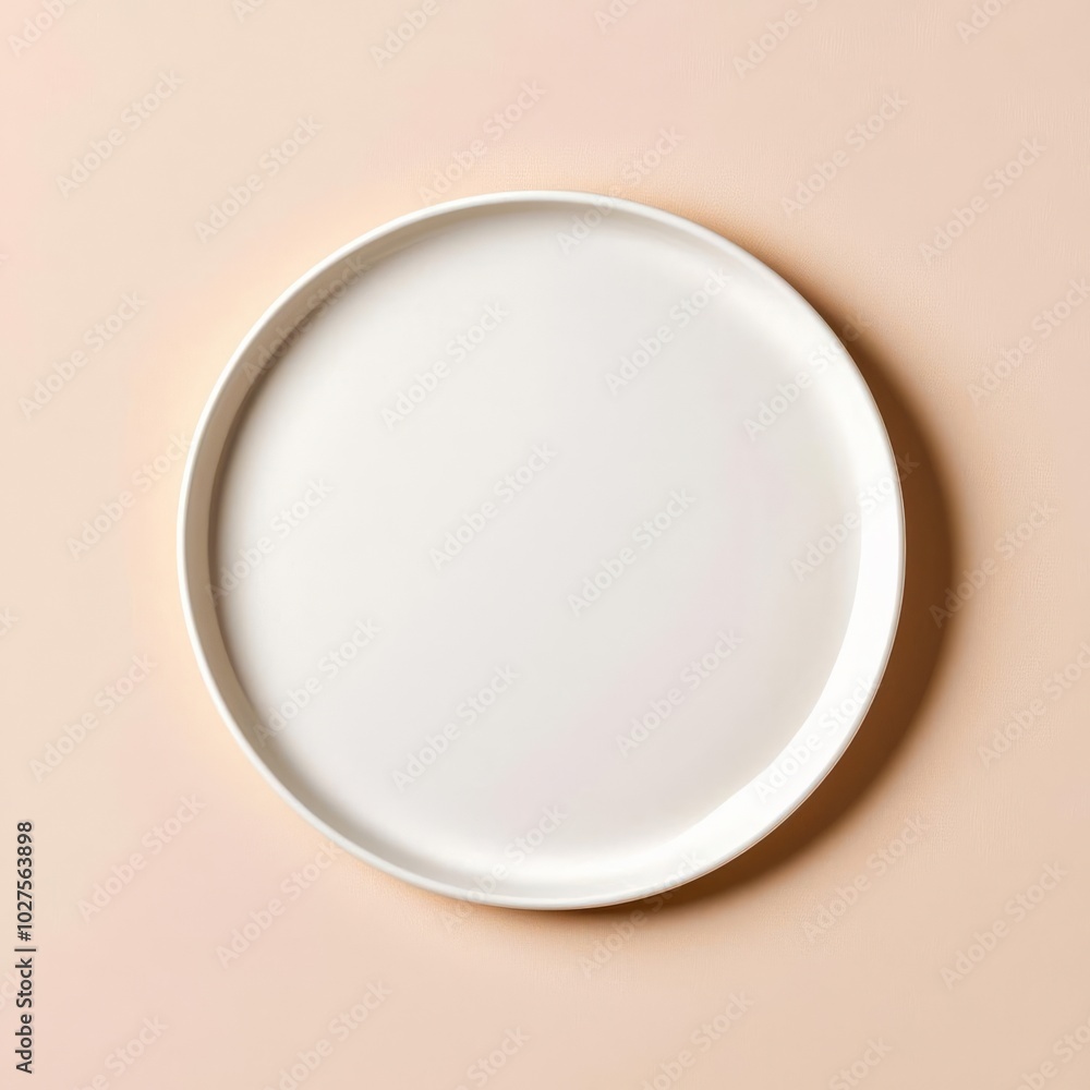 Top-view of a blank ceramic plate with a smooth matte finish, centered on a neutral beige background for minimalist product mockups Top-view of a blank ceramic plate with a smooth matte finish, centered on a neutral beige background for minimalist product mockups