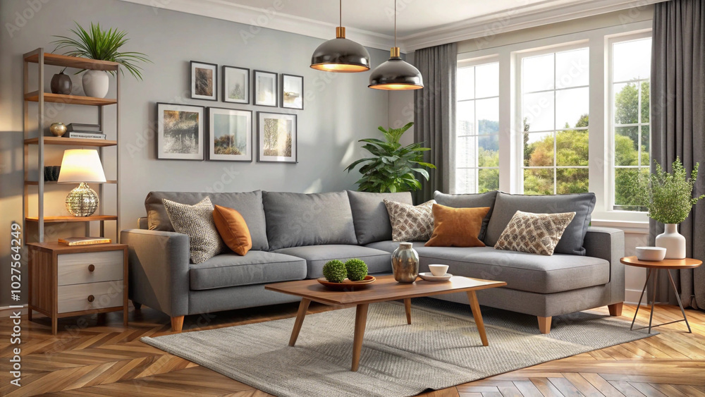 A living room with a couch coffee table and a plant on the table A living room with a couch coffee table and a plant on the table