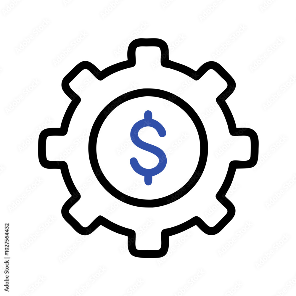 Simple gear with dollar sign icon in black and blue for financial mechanics concepts Simple gear with dollar sign icon in black and blue for financial mechanics concepts