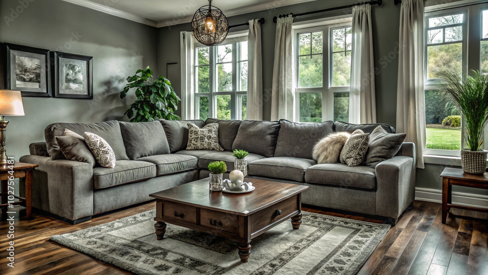 Obraz premium A living room with a couch coffee table and a plant on the table