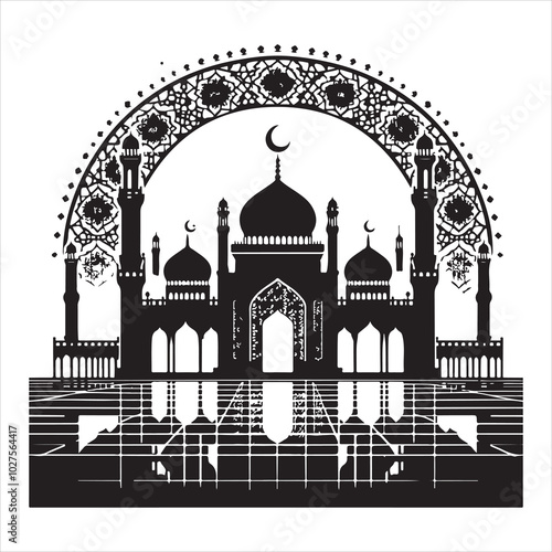 Black silhouette of a grand mosque with minarets and dome, clear and detailed on a pure white background 