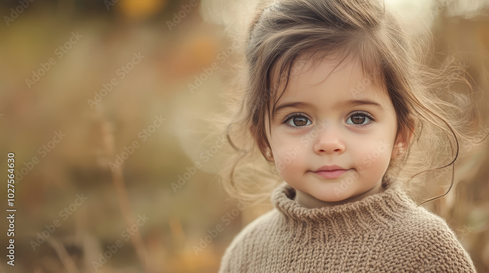 Fototapeta premium A portrait of a cute little girl gazing curiously at the camera, her eyes full of wonder, wearing a cozy sweater with a natural landscape softly blurred behind her