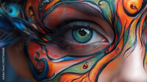 Face and body painting using vibrant colors and detailed designs, transforming the human body into a canvas.