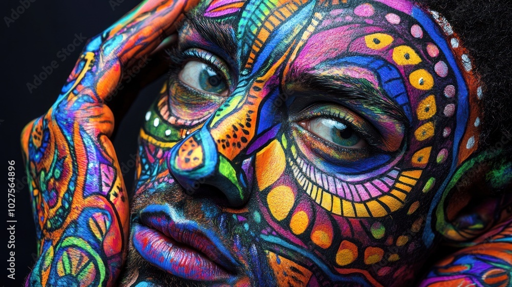 Naklejka premium Full-body painting using vibrant colors and abstract patterns, creating a visually stunning form of body art.