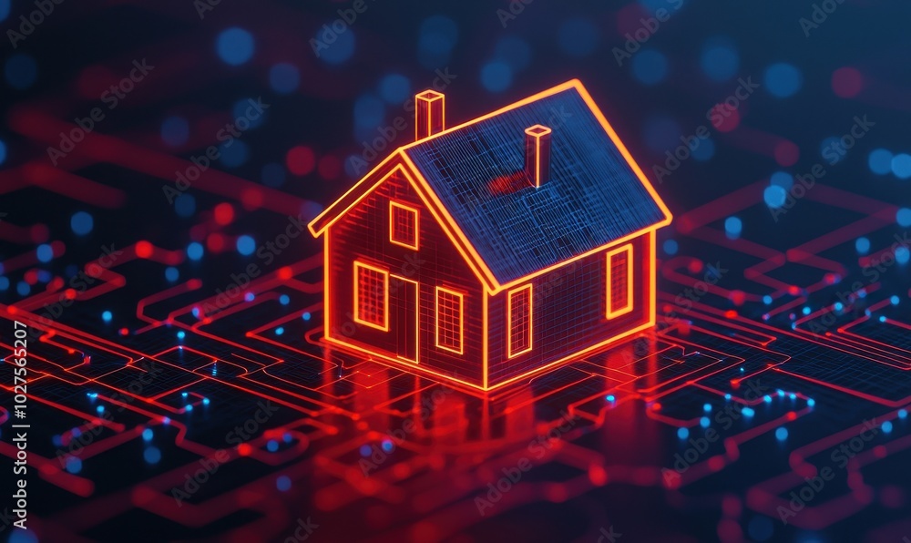 A glowing, digital representation of a house on a circuit-like background, illustrating the concept of smart homes and technology integration. A glowing, digital representation of a house on a circuit-like background, illustrating the concept of smart homes and technology integration.