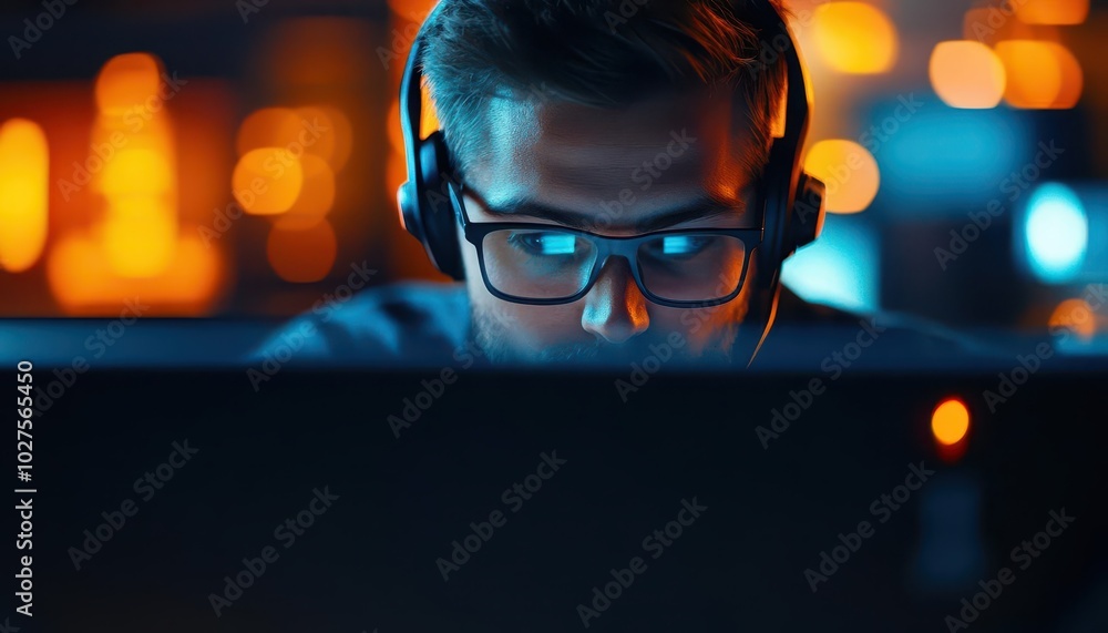 Lowangle shot of a young man with a headset, focused on a computer screen, bright professional office, soft lighting, customer service in action, clean and techforward workspace Lowangle shot of a young man with a headset, focused on a computer screen, bright professional office, soft lighting, customer service in action, clean and techforward workspace