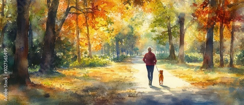 Vibrant watercolor painting of a blind person with a guide dog jogging along a peaceful park trail, sunlight filtering through trees, conveying joy and determination