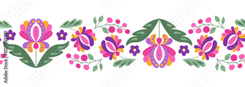 Folk fantasy floral seamless border in Mexican style. Botanical flat illustration in Latin American traditional style isolated on white background for day of the dead holiday