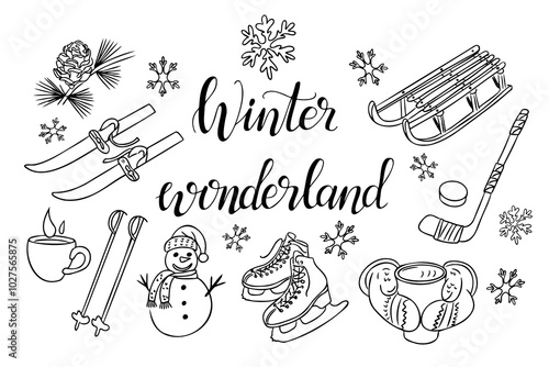 Doodle hand drawn set of winter outdoor activities and accessories with calligraphy text. Snowman, skis, sledge and skates isolated on white background. Cute items for coloring pages, stickers