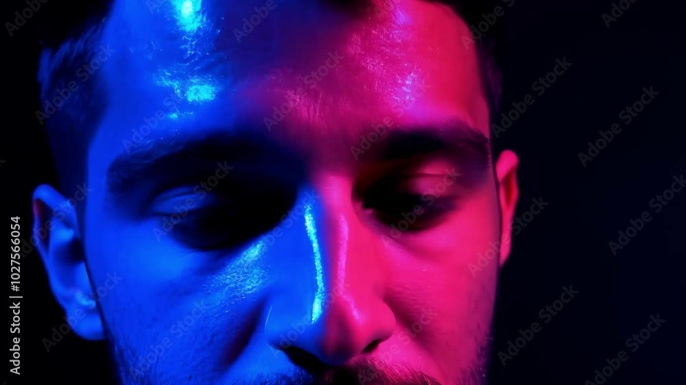 Dramatic lighting on man's face with red and blue neon glow Dramatic lighting on man's face with red and blue neon glow