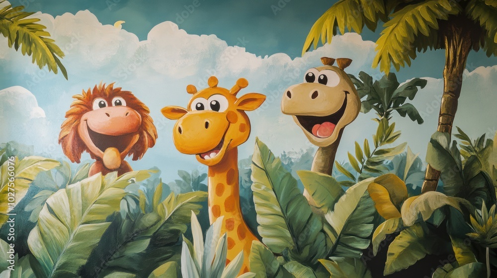 Obraz premium Hand-painted murals in a child's room, featuring playful and imaginative characters to inspire creativity.