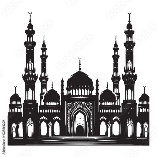 Black silhouette of a grand mosque with minarets and dome, clear and detailed on a pure white background 