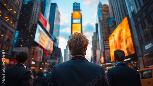 Group of male businessman from behind looking up at a billboard.