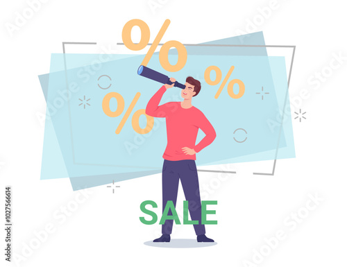 Man looking through spyglass. Male character searching for discounts, special offers vector illustration. Sale lettering. Percent marks on background. Sale, shopping concept for poster, banner design