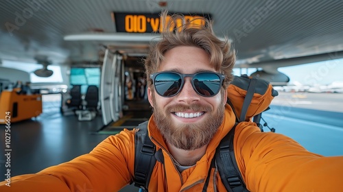 Young man in sunglasses taking selfie with smart mobile phone in front of airplane, travel lifestyle and vacation concept.