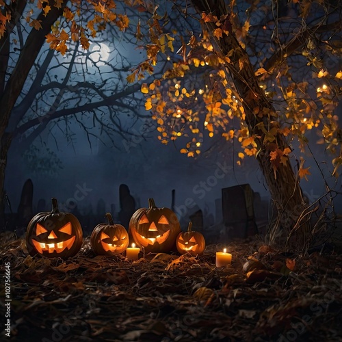 Spooky Halloween night with pumpkins and bats under a full moon