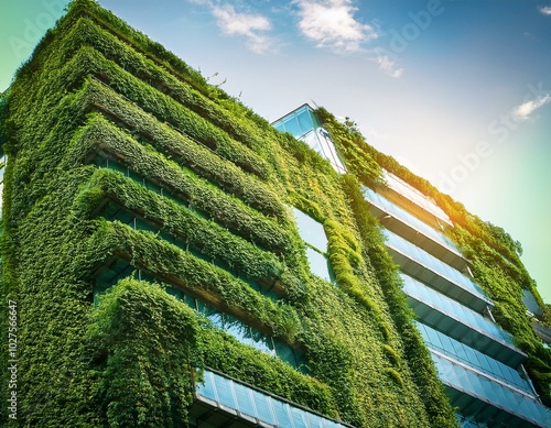 Building with beautiful architecture with lots of glass. It is full of plants on each floor. Image seen from below