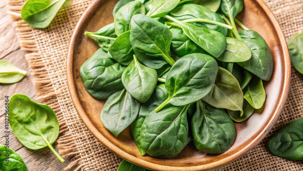 Fresh spinach leaves piled in a wooden bowl. Fresh spinach leaves piled in a wooden bowl.