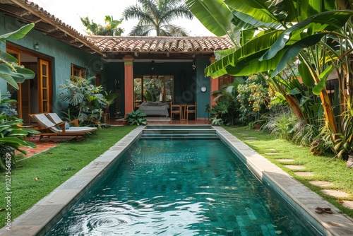 Wallpaper Mural Serene small private pool nestled in the garden of an American-style bungalow, surrounded by banana trees and lush lawn, captured with a wide-angle lens. Torontodigital.ca