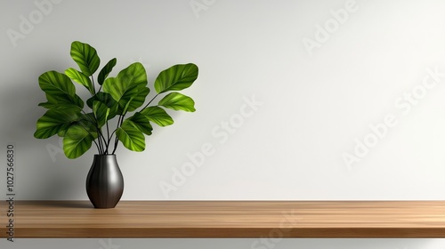 Kitchen wooden countertop on white wall background. Minimalist room with tabletop and plant in vase.