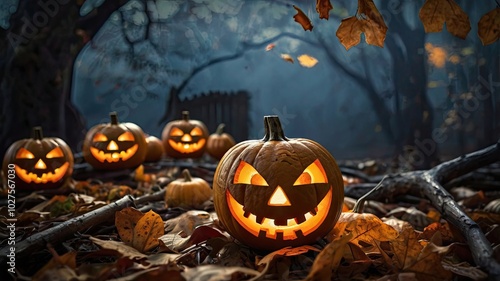 Spooky Halloween night with pumpkins and bats under a full moon