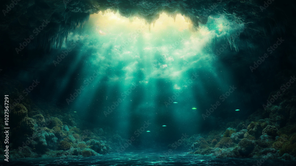 Glowing animals in a cave, bioluminescent fish swimming in a subterranean river Glowing animals in a cave, bioluminescent fish swimming in a subterranean river