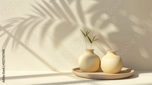 vases on a light background with palm leaves shadows