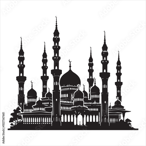 Black silhouette of a grand mosque with minarets and dome, clear and detailed on a pure white background 