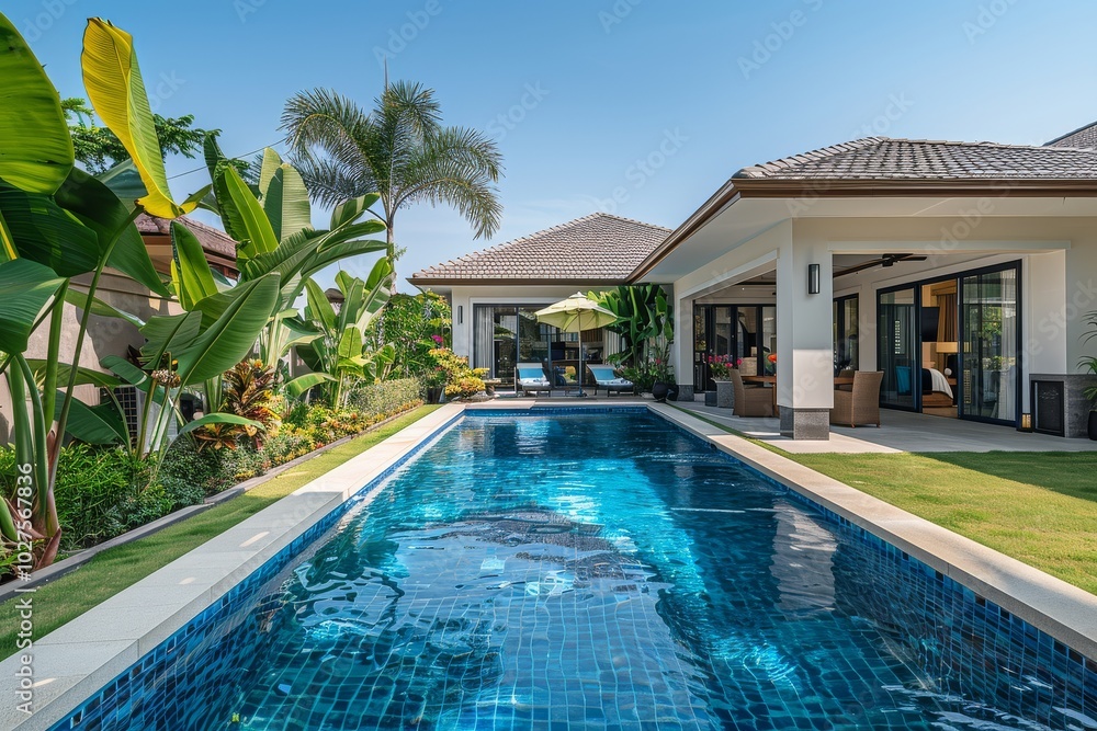 custom made wallpaper toronto digitalSerene small private pool nestled in the garden of an American-style bungalow, surrounded by banana trees and lush lawn, captured with a wide-angle lens.