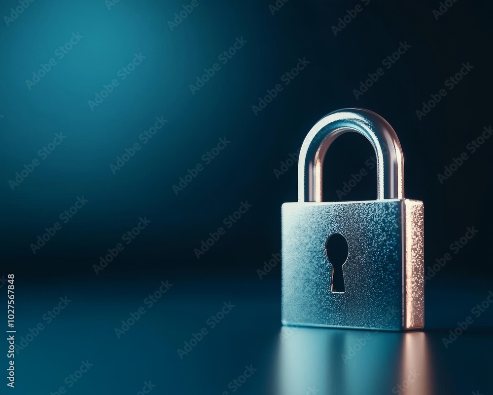 Fototapeta premium A shiny padlock placed on a dark surface, illuminated by soft blue lighting, symbolizing security and protection.