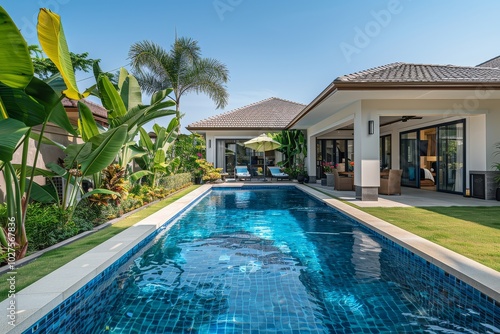 Wallpaper Mural Serene small private pool nestled in the garden of an American-style bungalow, surrounded by banana trees and lush lawn, captured with a wide-angle lens. Torontodigital.ca